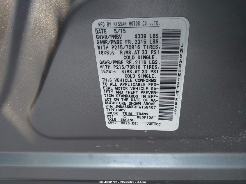 2015 Nissan Rogue Select S VIN: JN8AS5MT3FW158407 Lot: 43301727