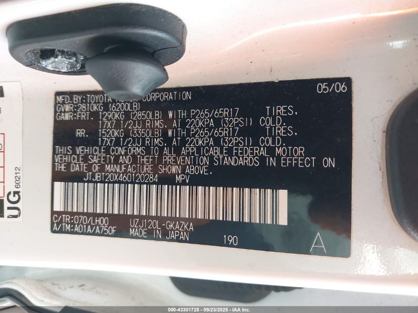 2006 Lexus Gx 470 VIN: JTJBT20X460120284 Lot: 43301728