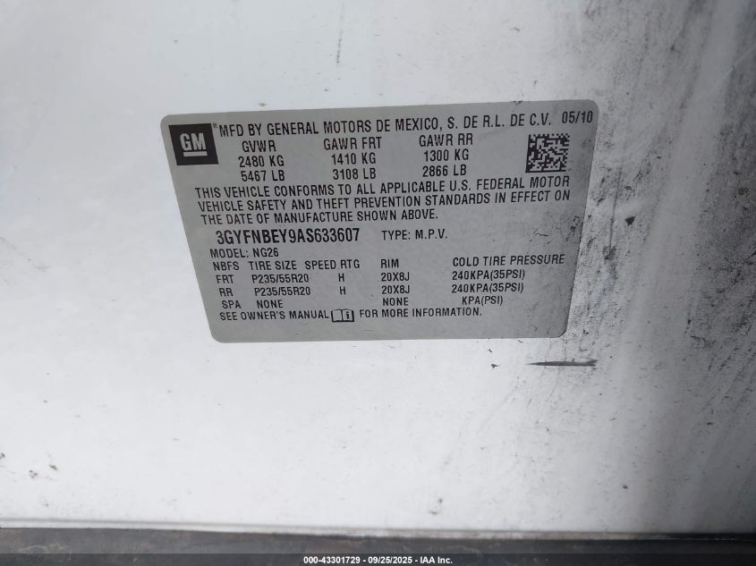 2010 Cadillac Srx Performance Collection VIN: 3GYFNBEY9AS633607 Lot: 43301729