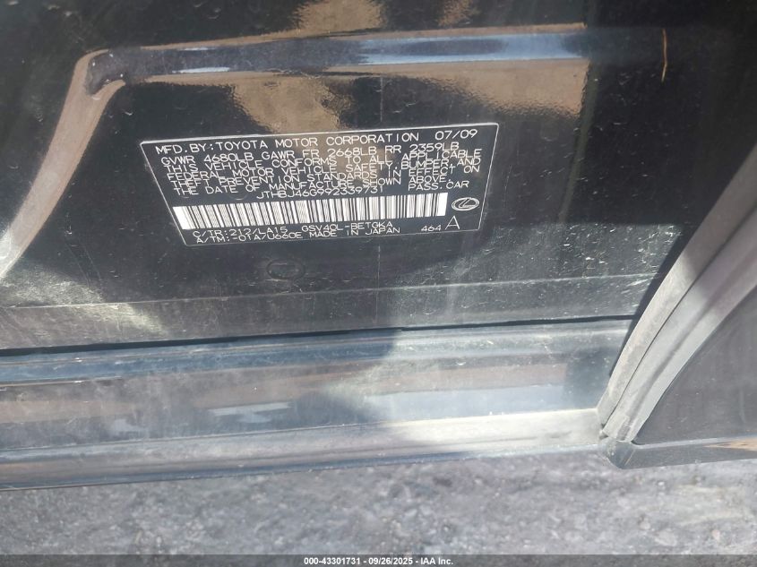 2009 Lexus Es 350 VIN: JTHBJ46G992339731 Lot: 43301731