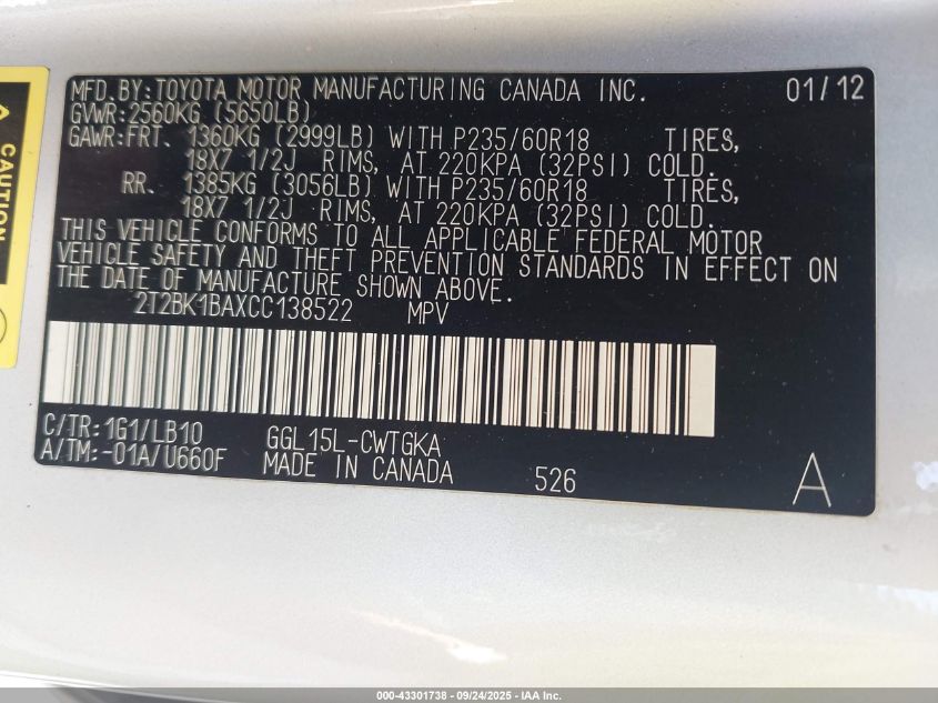 2012 Lexus Rx 350 VIN: 2T2BK1BAXCC138522 Lot: 43301738