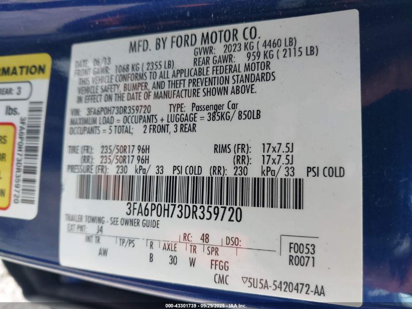 2013 Ford Fusion Se VIN: 3FA6P0H73DR359720 Lot: 43301739