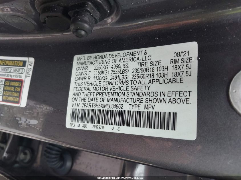 2021 Honda Cr-V Hybrid Ex VIN: 7FART6H5XME034962 Lot: 43301748