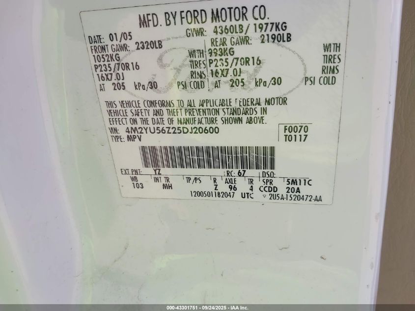 2005 Mercury Mariner Convenience VIN: 4M2YU56Z25DJ20600 Lot: 43301751