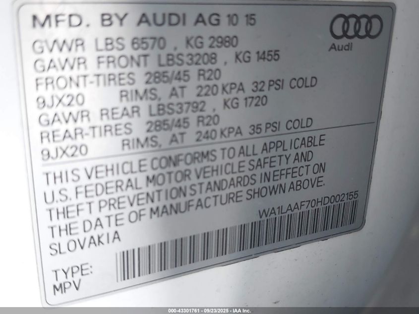 2017 Audi Q7 3.0T Premium VIN: WA1LAAF70HD002155 Lot: 43301761