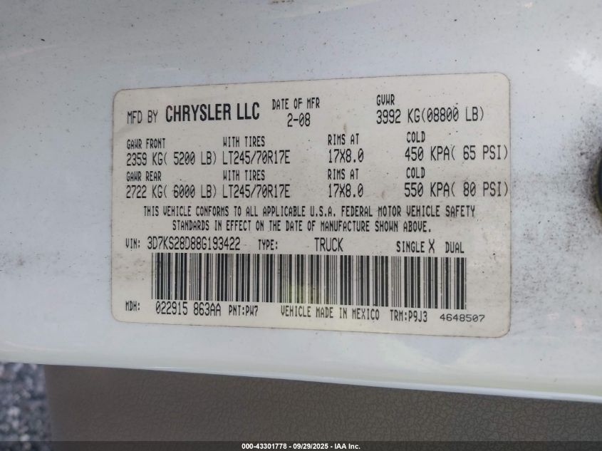 2008 Dodge Ram 2500 St/Sxt VIN: 3D7KS28D88G193422 Lot: 43301778