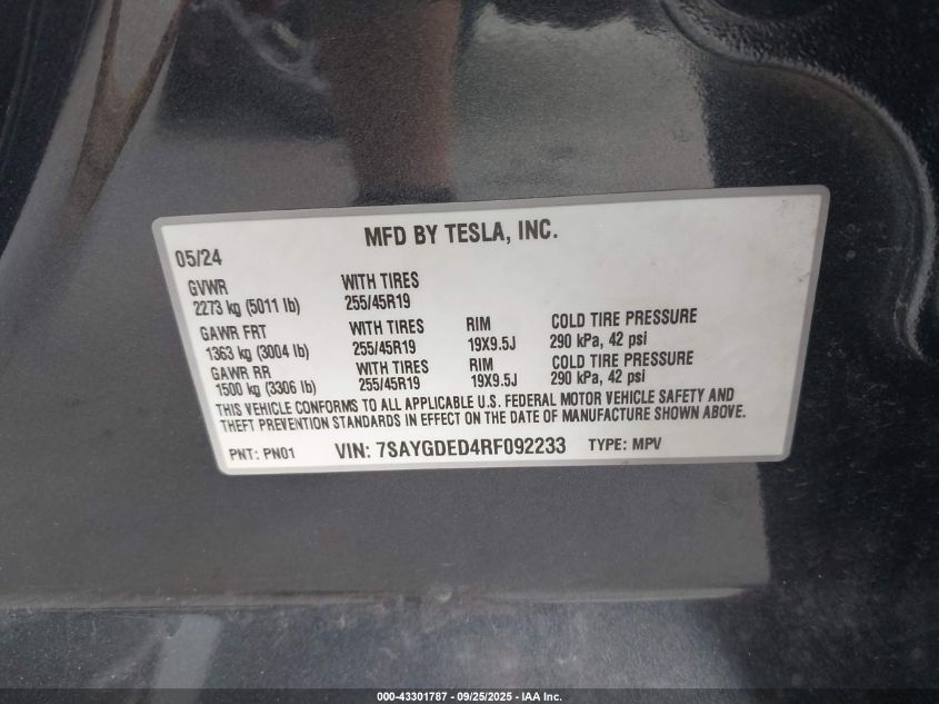 2024 Tesla Model Y Long Range Dual Motor All-Wheel Drive/Rwd VIN: 7SAYGDED4RF092233 Lot: 43301787