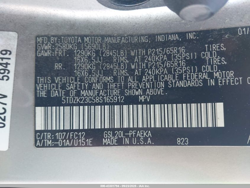 2008 Toyota Sienna Le VIN: 5TDZK23C58S165912 Lot: 43301794