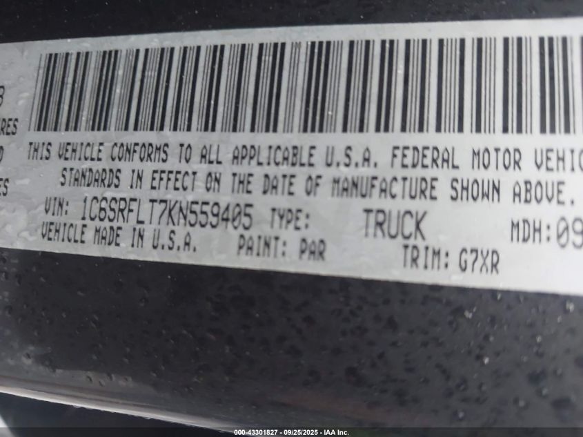 2019 Ram 1500 Rebel 4X4 5'7 Box VIN: 1C6SRFLT7KN559405 Lot: 43301827