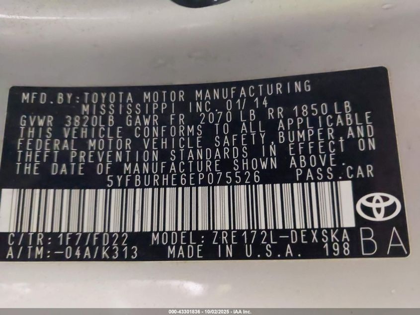 2014 Toyota Corolla S Plus VIN: 5YFBURHE6EP075526 Lot: 43301836