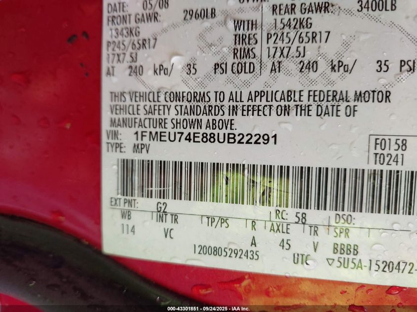 2008 Ford Explorer Eddie Bauer VIN: 1FMEU74E88UB22291 Lot: 43301851