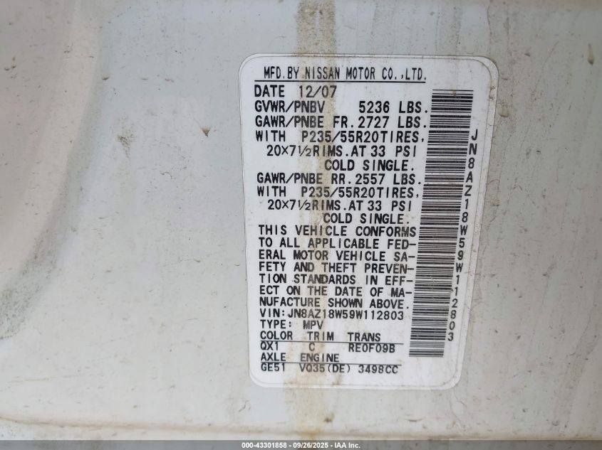 2009 Nissan Murano Le VIN: JN8AZ18W59W112803 Lot: 43301858