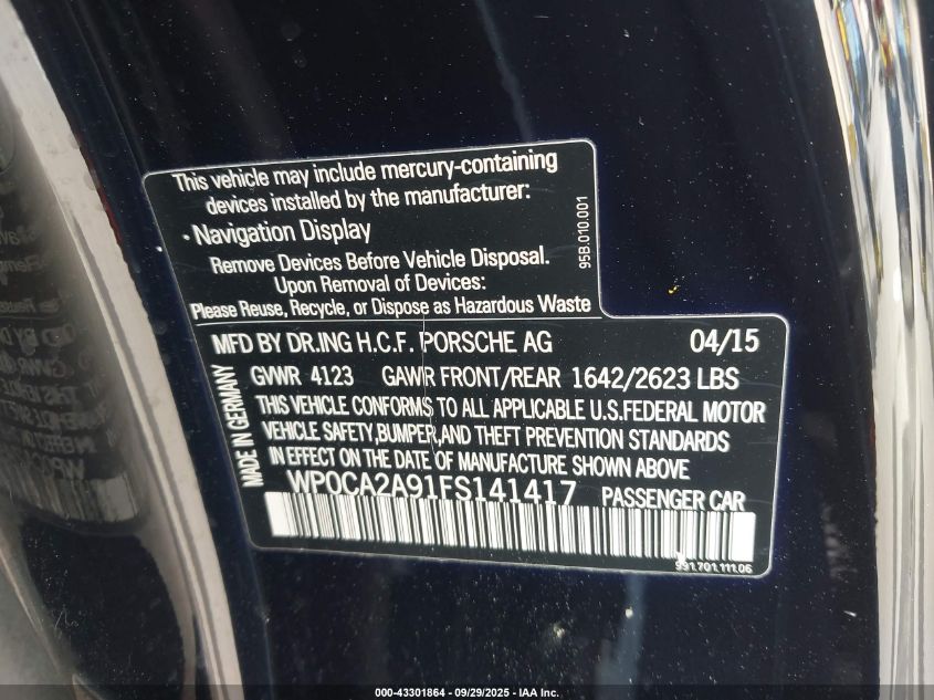 2015 Porsche 911 Carrera VIN: WP0CA2A91FS141417 Lot: 43301864
