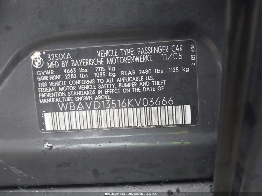 2006 BMW 325Xi VIN: WBAVD13516KV03666 Lot: 43301884
