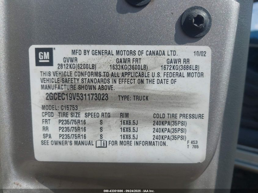 2003 Chevrolet Silverado 1500 Ls VIN: 2GCEC19V531173023 Lot: 43301886