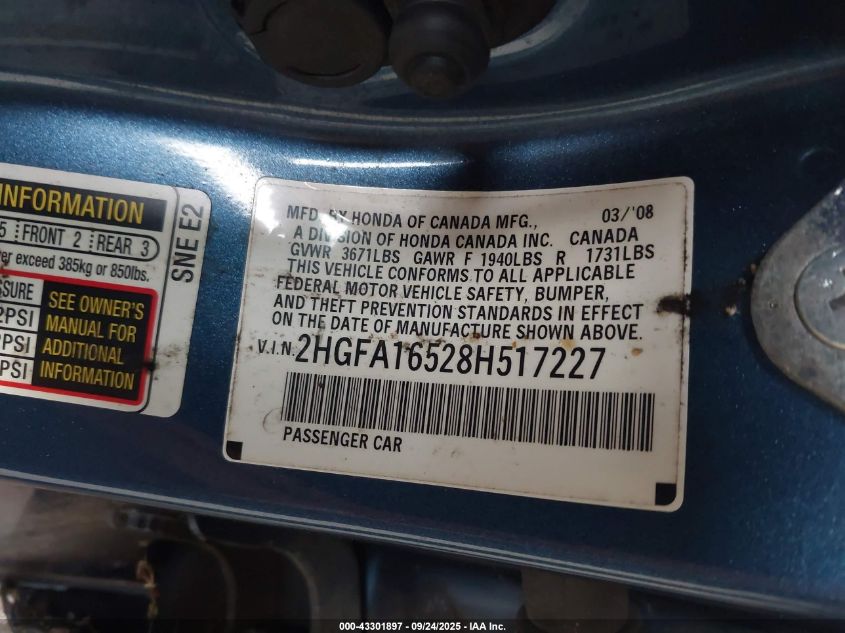 2008 Honda Civic Lx VIN: 2HGFA16528H517227 Lot: 43301897