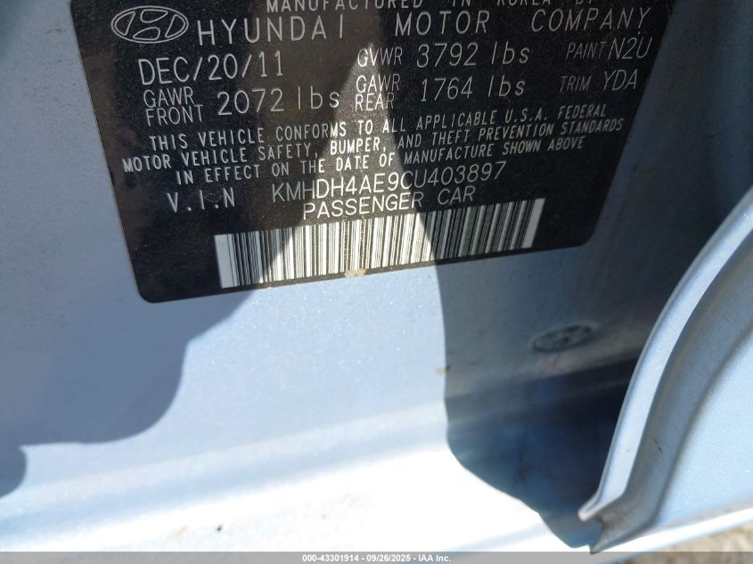 2012 Hyundai Elantra Gls (Ulsan Plant) VIN: KMHDH4AE9CU403897 Lot: 43301914