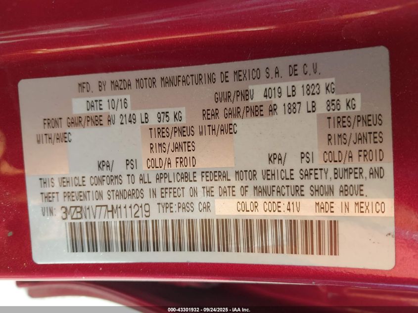 2017 Mazda Mazda3 Touring VIN: 3MZBN1V77HM111219 Lot: 43301932
