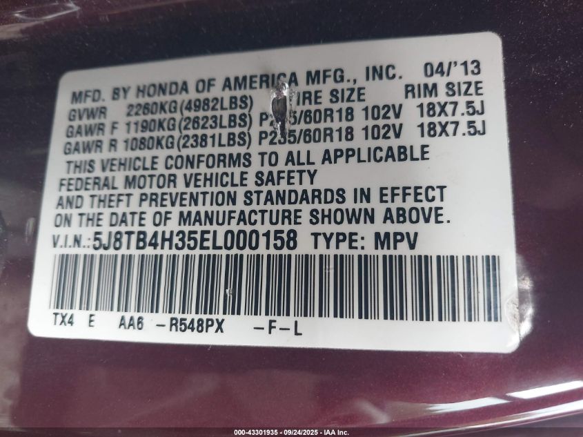 2014 Acura Rdx VIN: 5J8TB4H35EL000158 Lot: 43301935