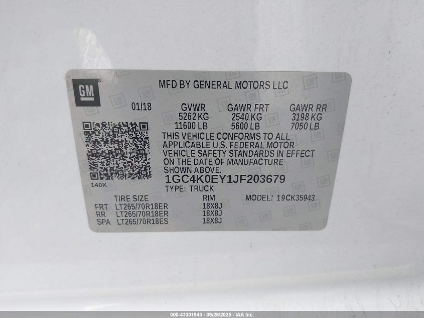 2018 Chevrolet Silverado 3500Hd Ltz VIN: 1GC4K0EY1JF203679 Lot: 43301943