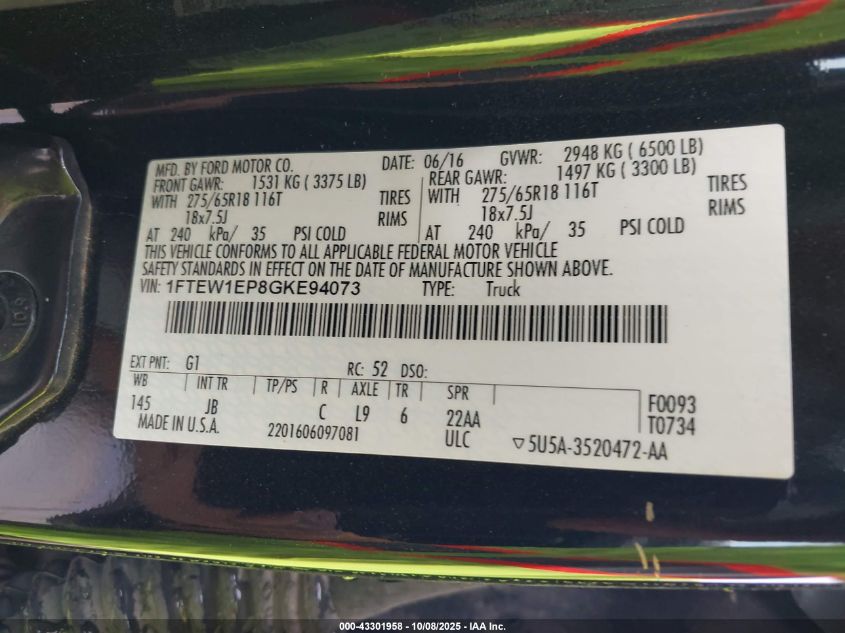 2016 Ford F-150 Xlt VIN: 1FTEW1EP8GKE94073 Lot: 43301958