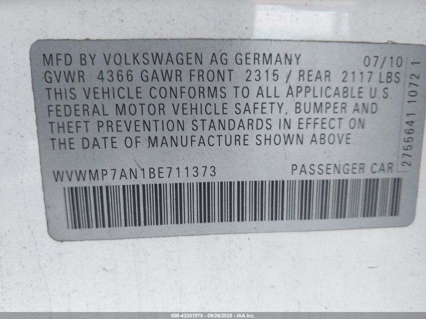 2011 Volkswagen Cc Sport VIN: WVWMP7AN1BE711373 Lot: 43301978