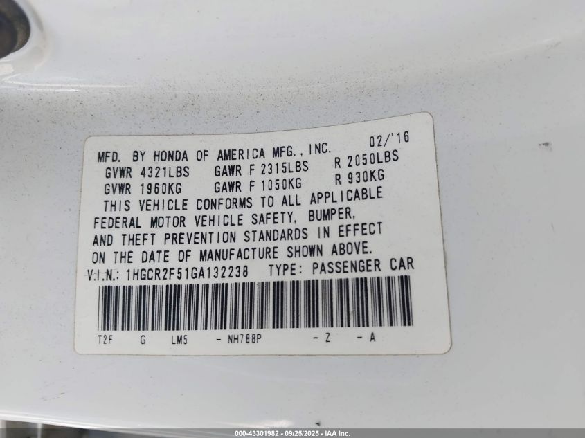 2016 Honda Accord Sport VIN: 1HGCR2F51GA132238 Lot: 43301982