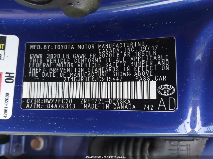 2018 Toyota Corolla Se VIN: 2T1BURHEXJC985447 Lot: 43301992