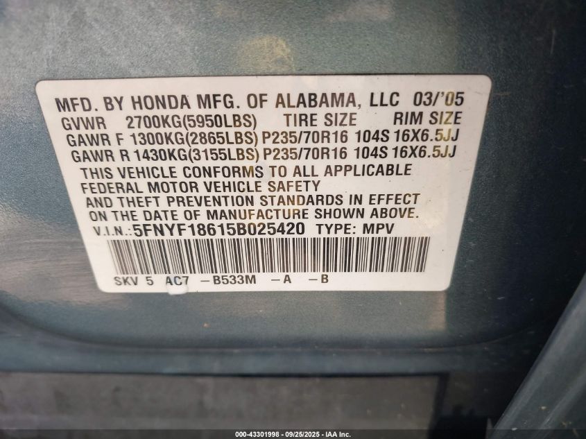2005 Honda Pilot Ex-L VIN: 5FNYF18615B025420 Lot: 43301998