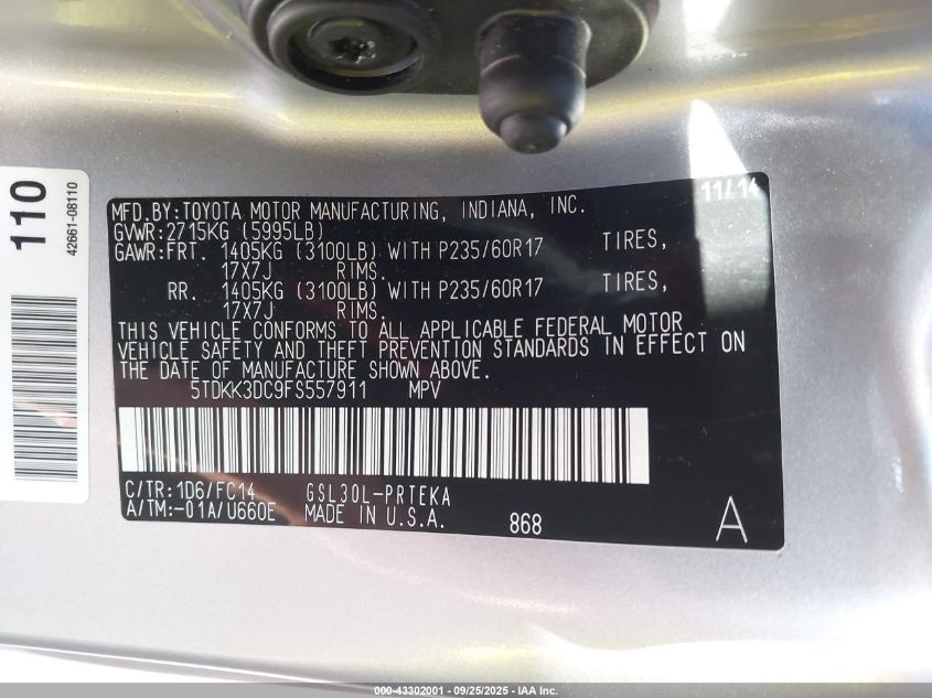 2015 Toyota Sienna Le 8 Passenger VIN: 5TDKK3DC9FS557911 Lot: 43302001