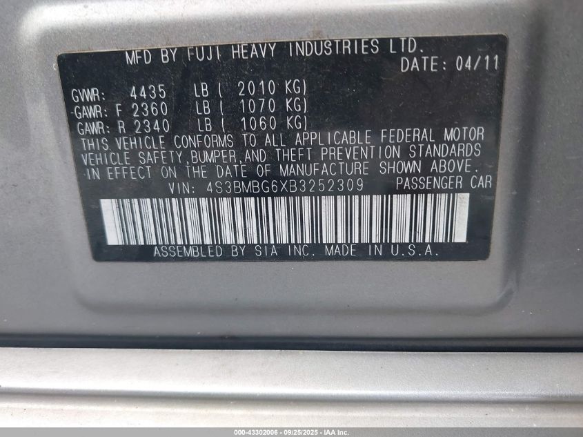 2011 Subaru Legacy 2.5I Premium VIN: 4S3BMBG6XB3252309 Lot: 43302006