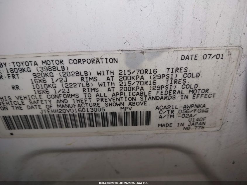 2001 Toyota Rav4 VIN: JTEHH20V016013005 Lot: 43302023