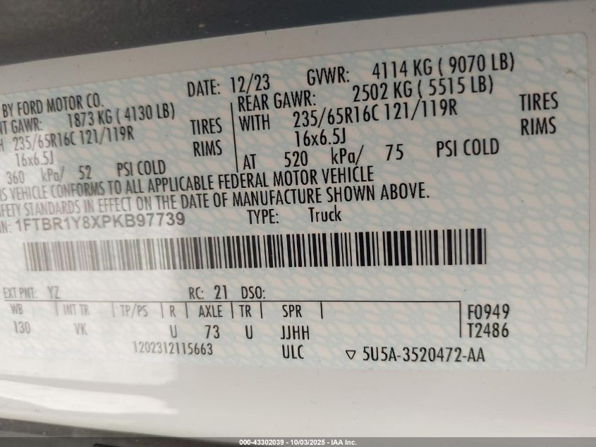 2023 Ford Transit-250 VIN: 1FTBR1Y8XPKB97739 Lot: 43302039