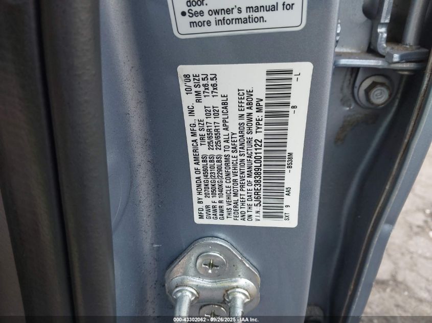 2009 Honda Cr-V Lx VIN: 5J6RE38389L001122 Lot: 43302062