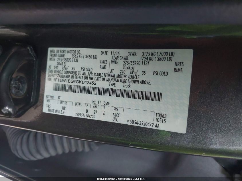 2016 Ford F-150 Lariat VIN: 1FTEW1EG6GKD12452 Lot: 43302065