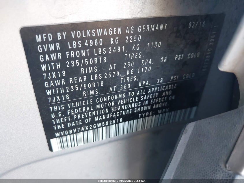 2016 VOLKSWAGEN TIGUAN SE - WVGBV7AX2GW592910