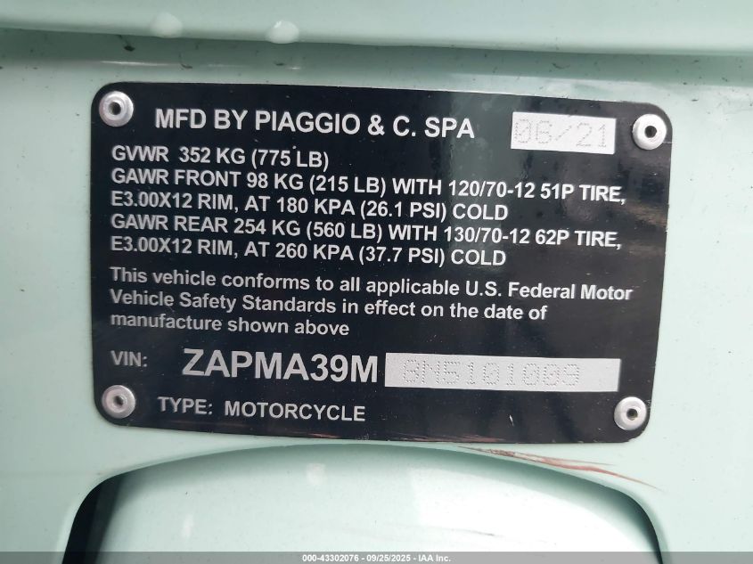 2022 Vespa Gts VIN: ZAPMA39M8N5101009 Lot: 43302076