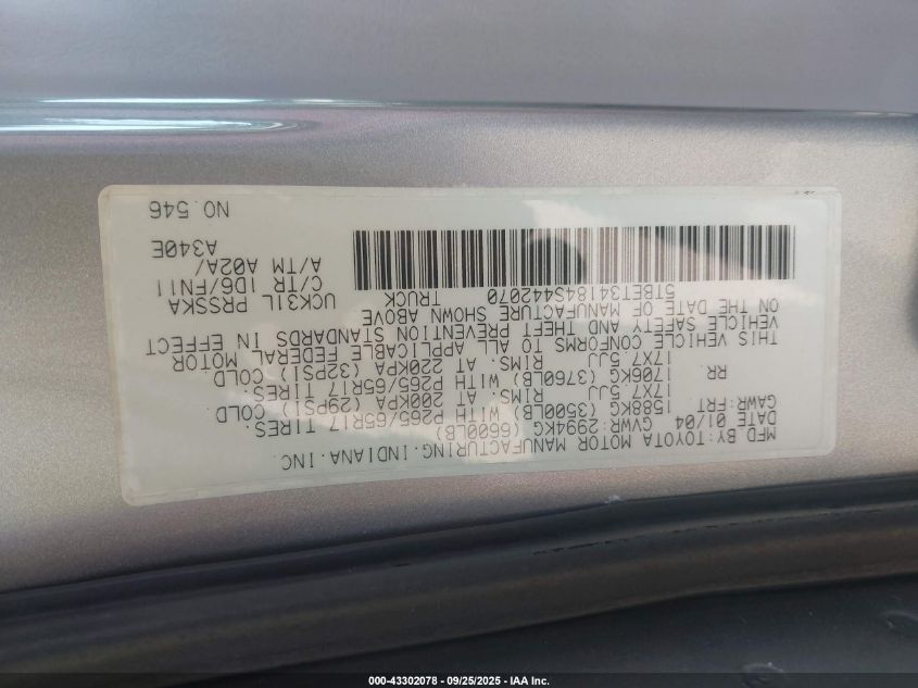 2004 Toyota Tundra Sr5 V8 VIN: 5TBET34184S442070 Lot: 43302078