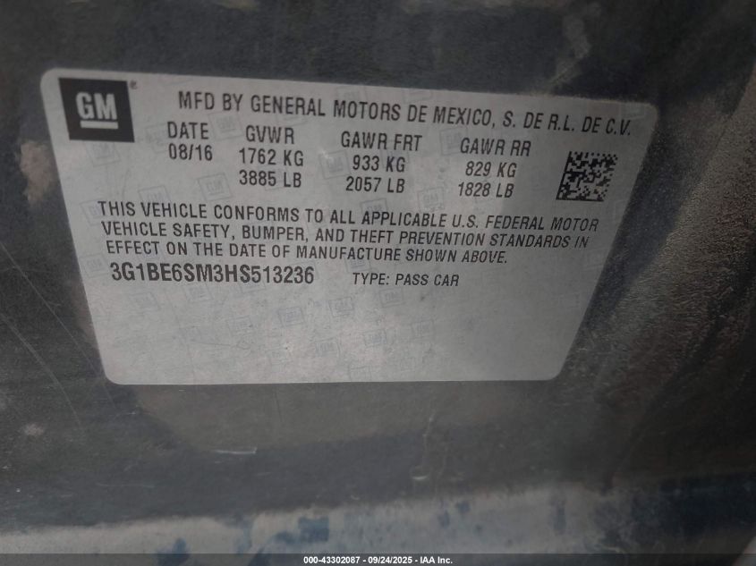 2017 Chevrolet Cruze Lt Auto VIN: 3G1BE6SM3HS513236 Lot: 43302087