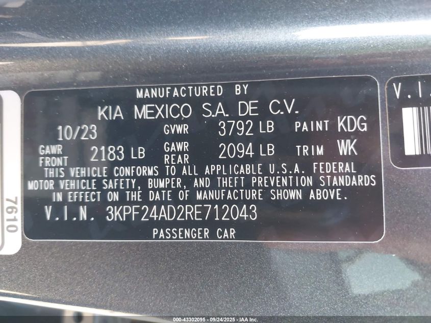 2024 Kia Forte Lxs VIN: 3KPF24AD2RE712043 Lot: 43302095