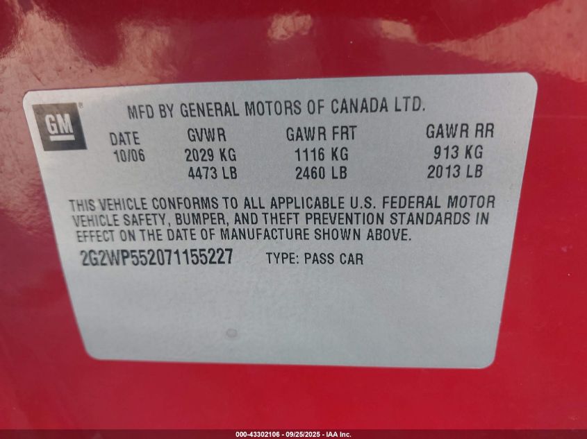 2007 Pontiac Grand Prix VIN: 2G2WP552071155227 Lot: 43302106