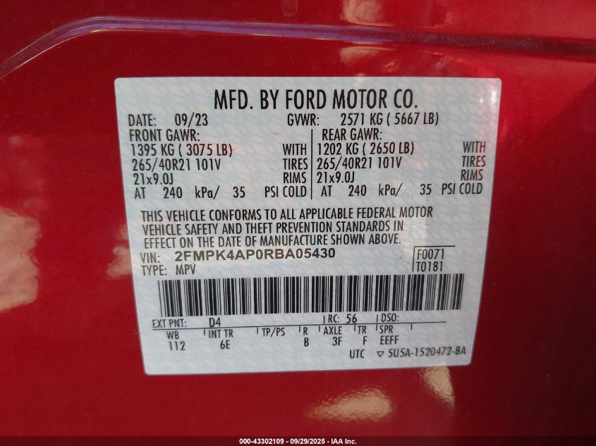 2024 Ford Edge St VIN: 2FMPK4AP0RBA05430 Lot: 43302109