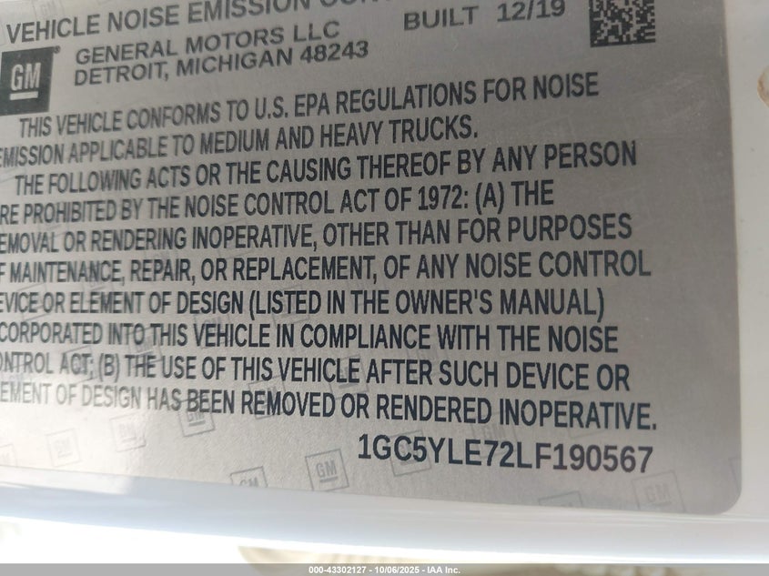 2020 Chevrolet Silverado 2500Hd 4Wd Standard Bed Wt VIN: 1GC5YLE72LF190567 Lot: 43302127