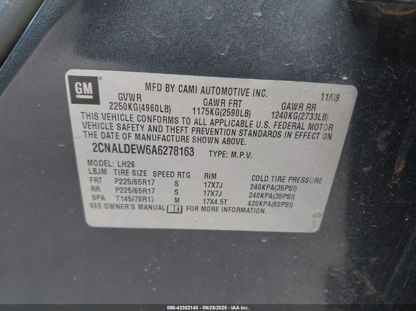 2010 Chevrolet Equinox Lt VIN: 2CNALDEW6A6278163 Lot: 43302140