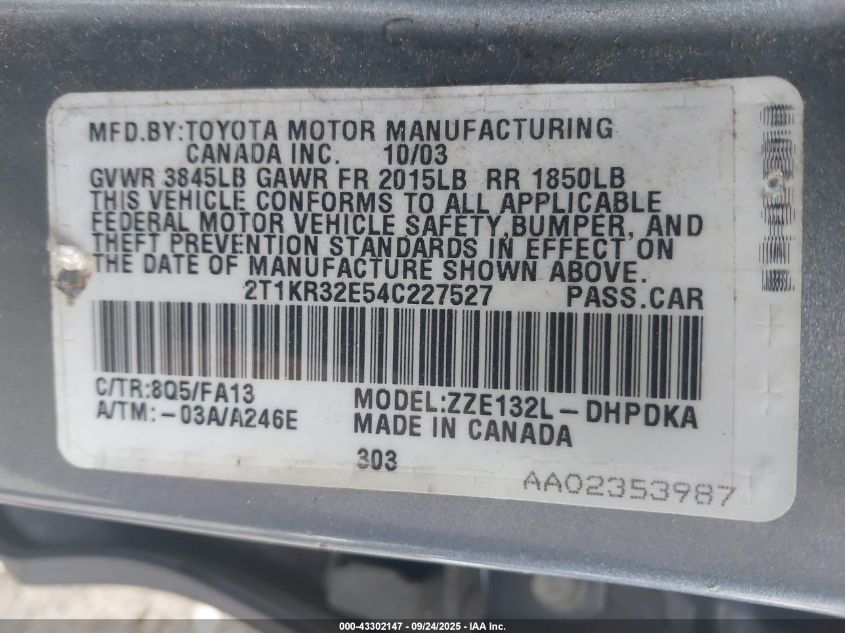 2004 Toyota Matrix Standard VIN: 2T1KR32E54C227527 Lot: 43302147