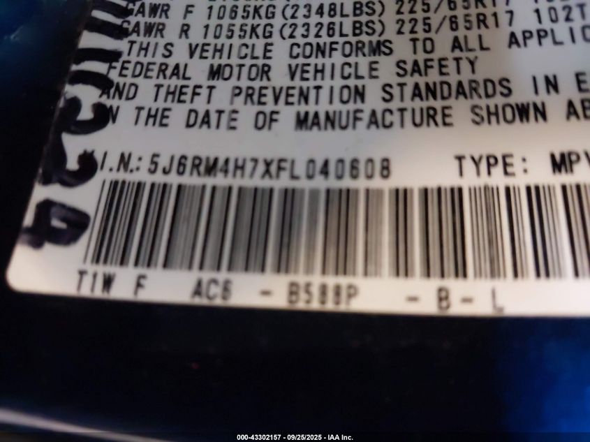 2015 Honda Cr-V Ex-L VIN: 5J6RM4H7XFL040608 Lot: 43302157