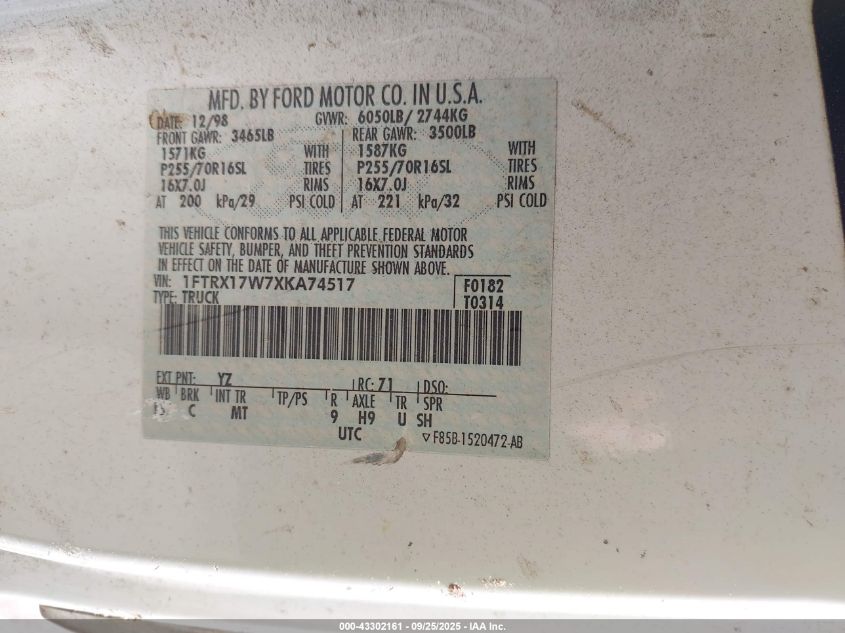 1999 Ford F-150 Lariat/Work Series/Xl/Xlt VIN: 1FTRX17W7XKA74517 Lot: 43302161