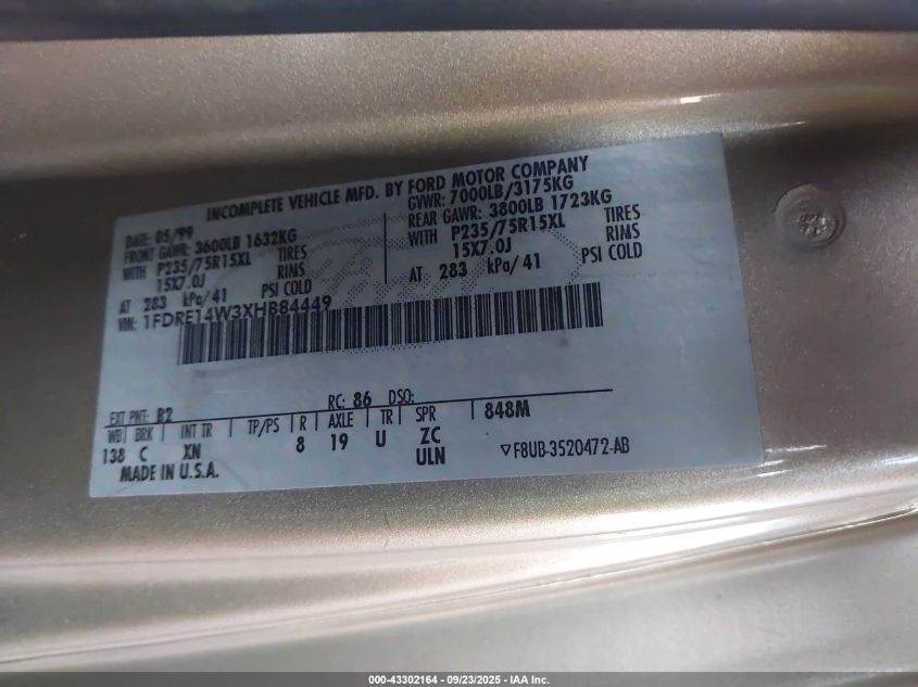 1999 Ford E-150 Commercial/Recreational VIN: 1FDRE14W3XHB84449 Lot: 43302164