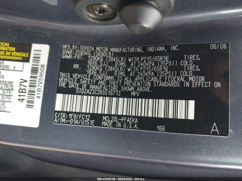 2006 Toyota Sienna Ce/Le VIN: 5TDZA23C26S516713 Lot: 43302168