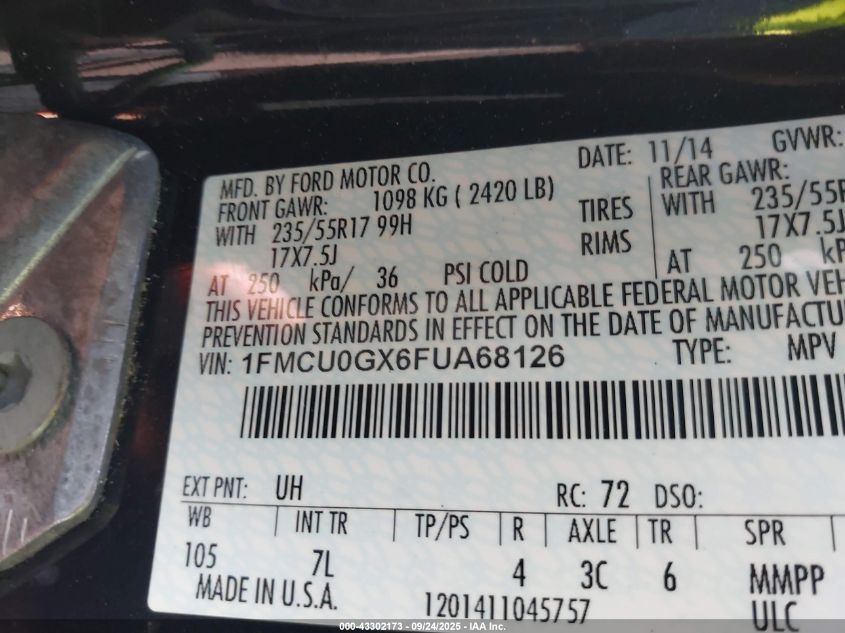 2015 Ford Escape Se VIN: 1FMCU0GX6FUA68126 Lot: 43302173